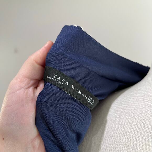 Zara Cream & Navy Knit Jacquard Mock Neck Skater Dress Size Small - Picture 6 of 7